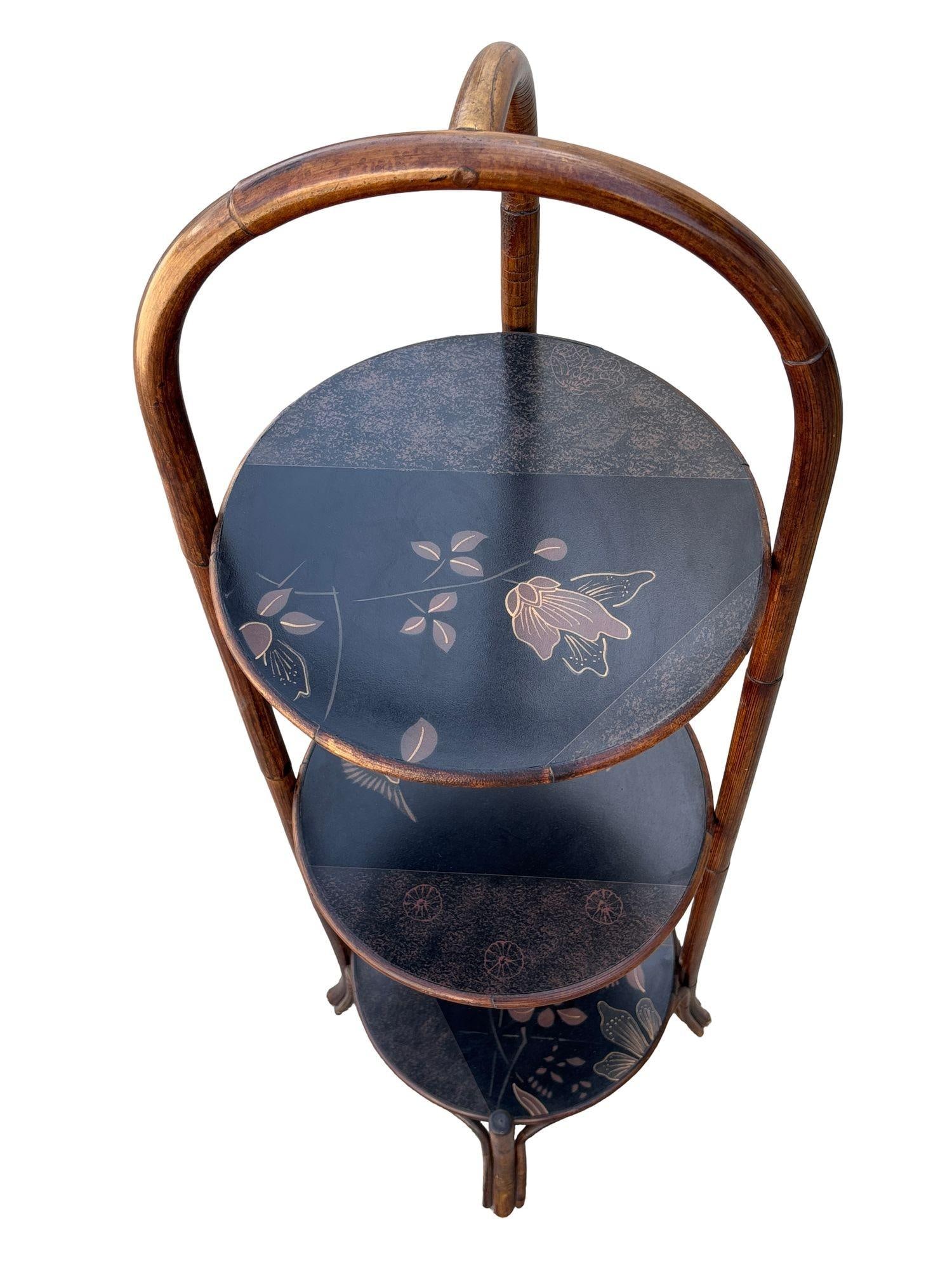 Costal Three Tiered Dark Stained Rattan Shelf w East Asian Motif Tops - 9