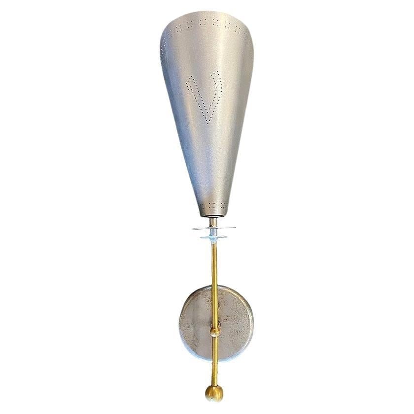 Mid-century Googie Modern Brushed Aluminum Torchiere Wall Sconce, 4 Available: Title: Mid-century Googie Modern Brushed Aluminum Torchiere Wall Sconce, 4 Available Description: Mid-century era Googie brushed aluminum wall sconces with polished brass featuring a torchiere with a