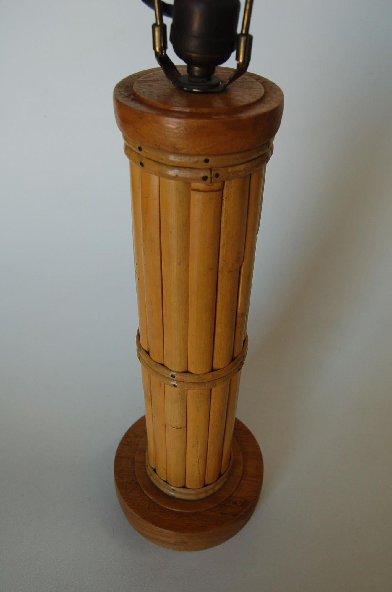 Restored Round Split Rattan Table Lamp W/ Carved Wood Base & Wrappings - 18