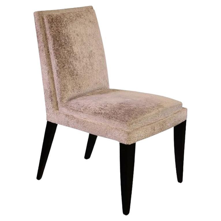 Dakota Jackson Transitional Velvet "Jio" Side Chair: Title: Dakota Jackson Transitional Velvet "Jio" Side Chair Description: Transitional "Jio" side chair upholstered in beige velvet by Dakota Jackson. The chair features a plush back with quilted