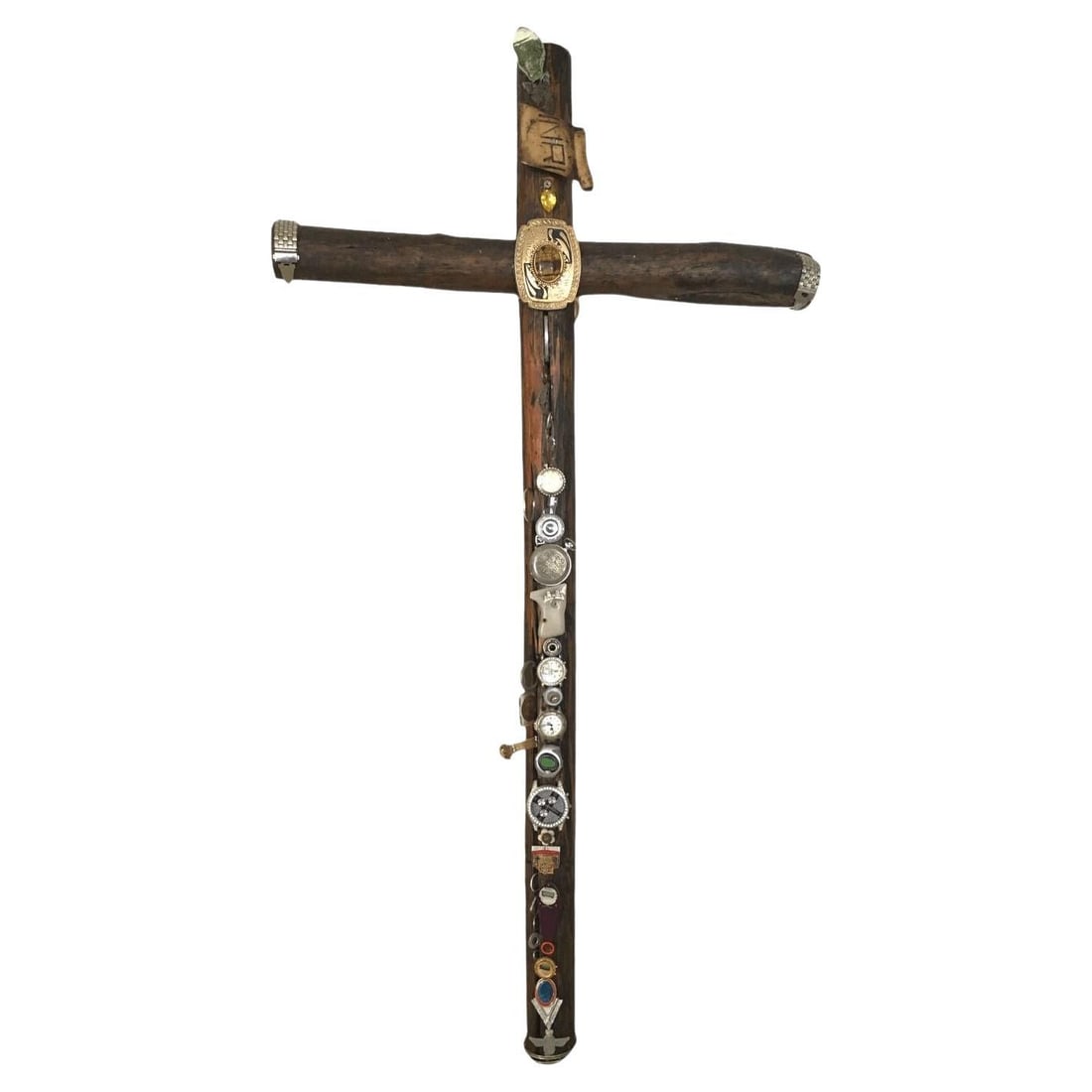 Vintage Large Wood Logs Cross with Metal and Glass decorations - 7