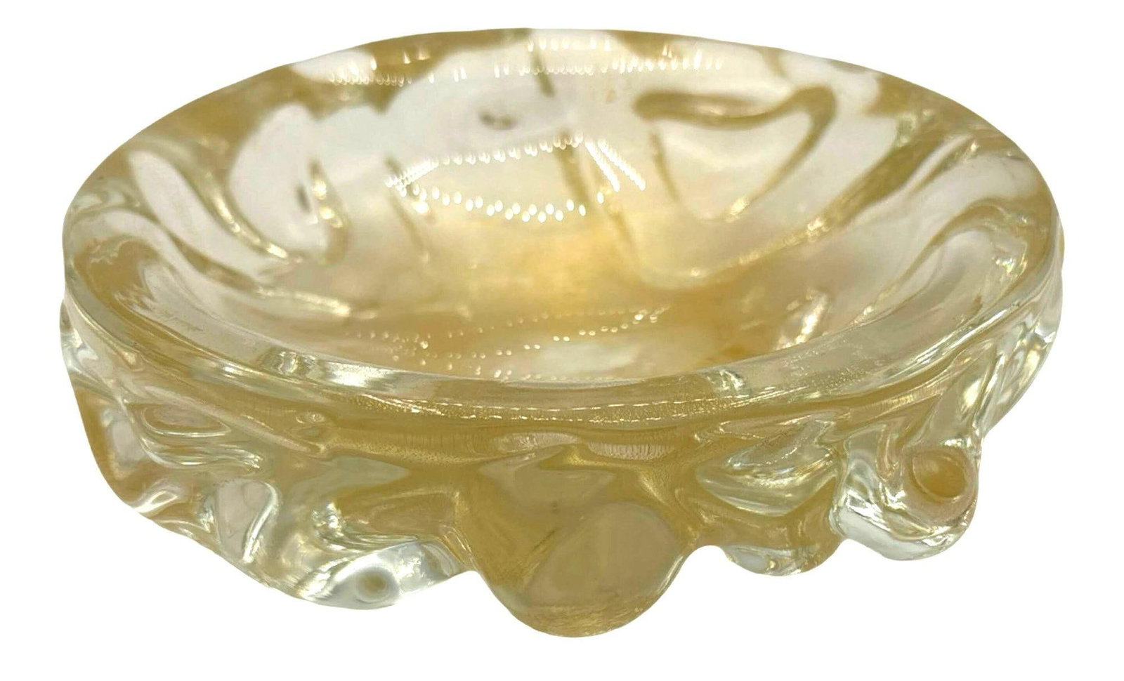 Mid-century Murano Weighted Cased Art Glass Gold Flaked Ribboned Bowl - 11