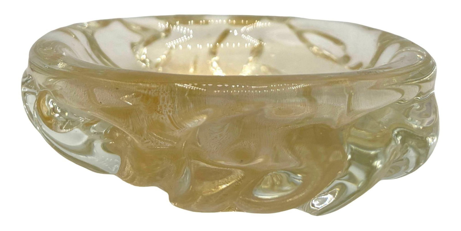 Mid-century Murano Weighted Cased Art Glass Gold Flaked Ribboned Bowl - 13