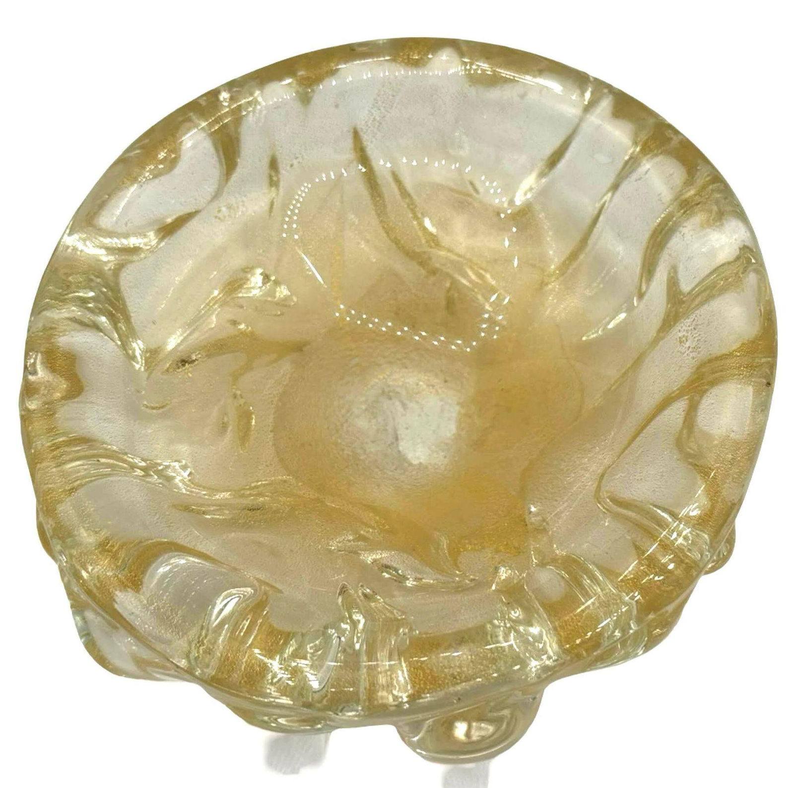 Mid-century Murano Weighted Cased Art Glass Gold Flaked Ribboned Bowl - 2