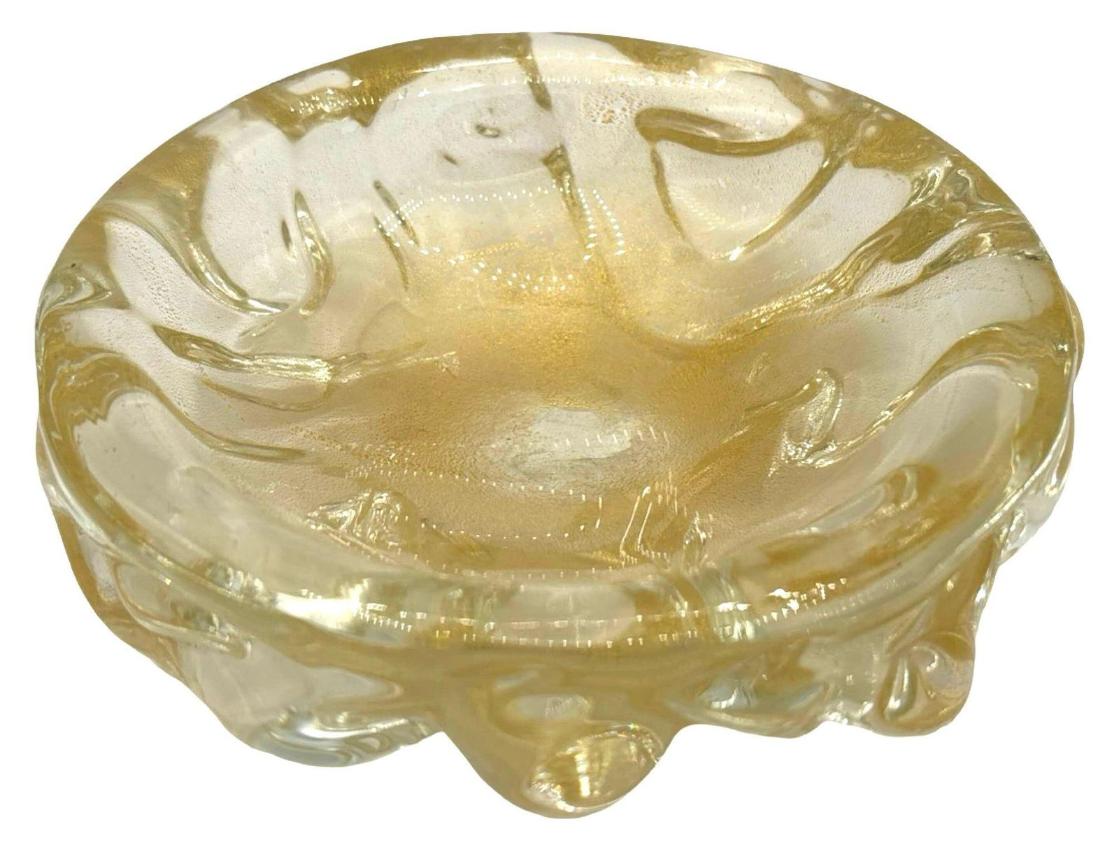Mid-century Murano Weighted Cased Art Glass Gold Flaked Ribboned Bowl - 4