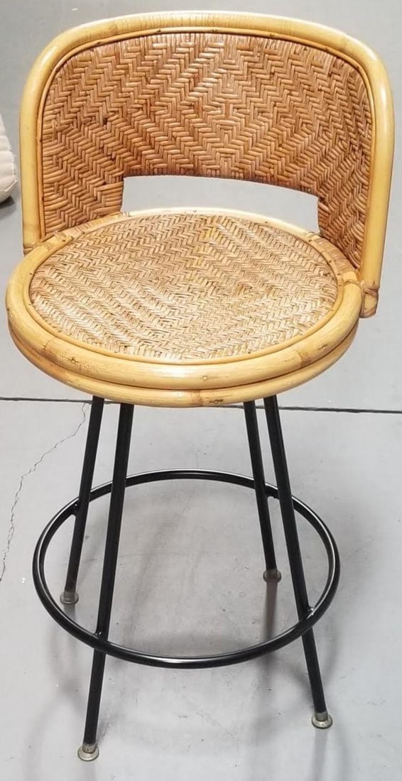Restored Rattan & Wicker Swivel Bar Stool w/ Iron Base, Seng of Chicago - 8