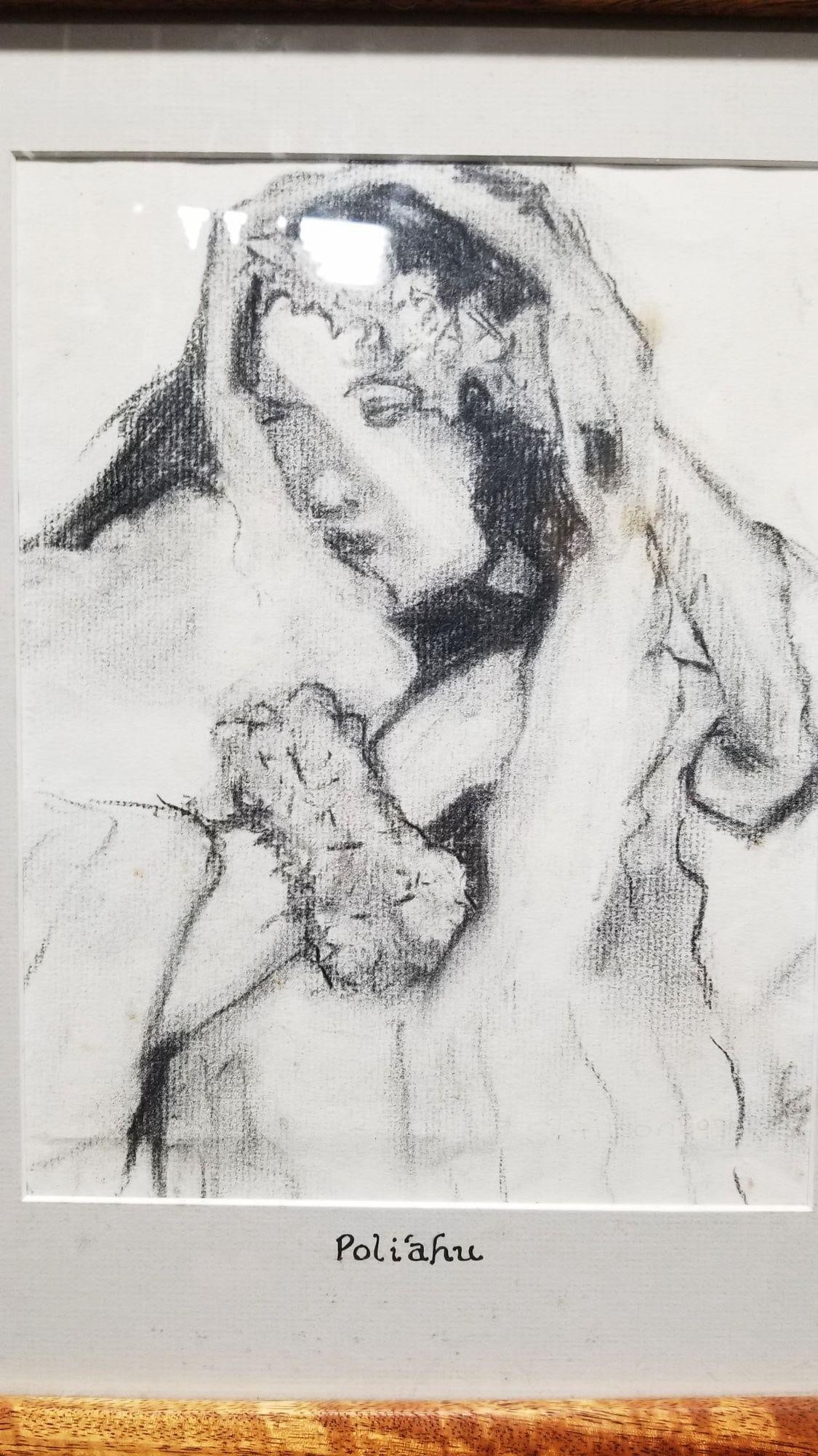 Hawaiian Female Portrait Charcoal on Paper Titled "Poliʻahu" in Koa Wood Frame - 11