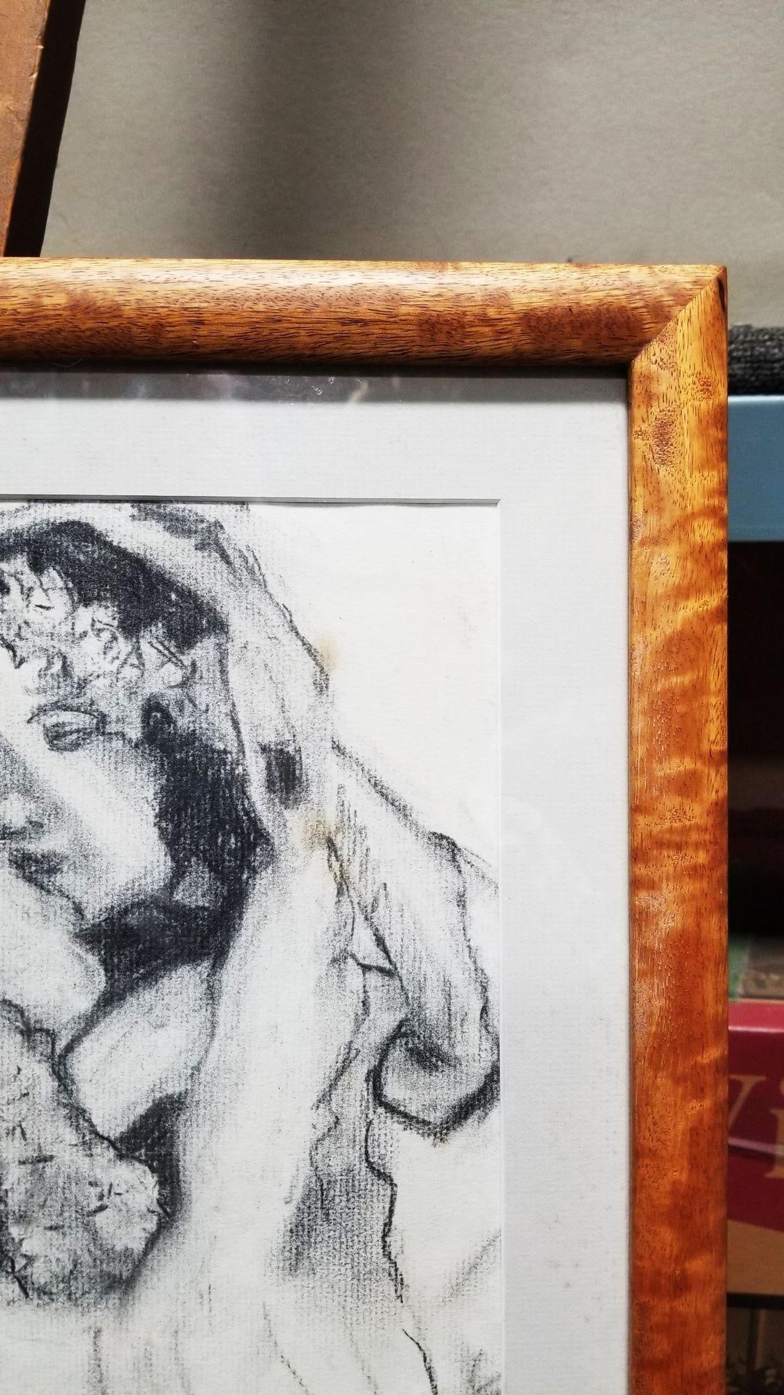 Hawaiian Female Portrait Charcoal on Paper Titled "Poliʻahu" in Koa Wood Frame - 16