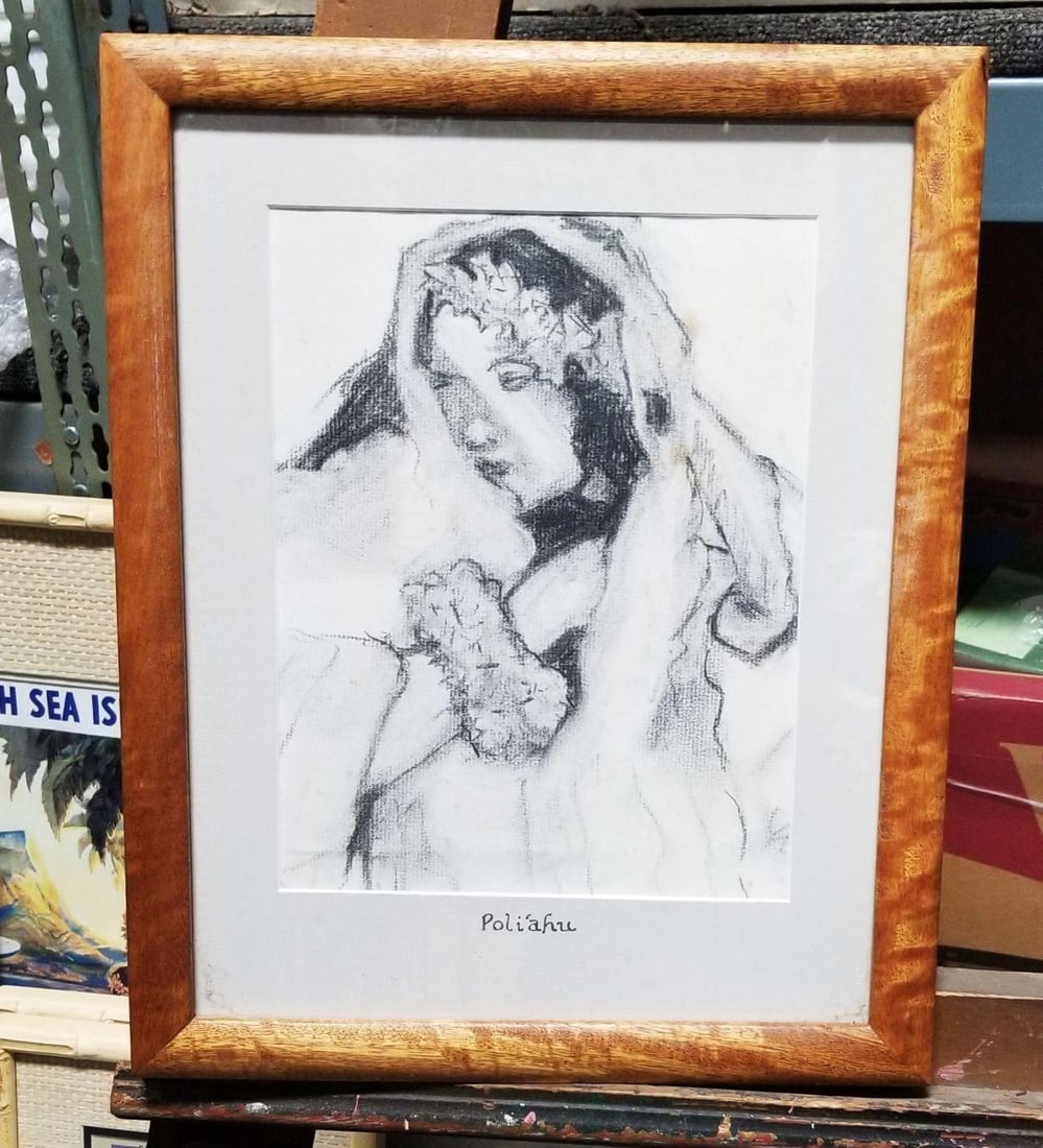 Hawaiian Female Portrait Charcoal on Paper Titled "Poliʻahu" in Koa Wood Frame - 2