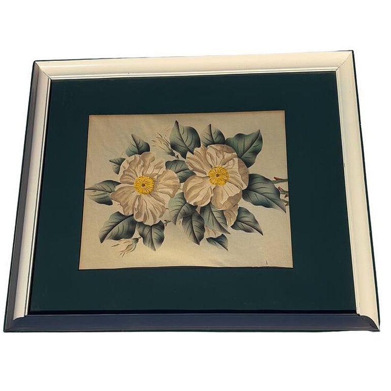 Mid Century White Camellia Botanical Floral Lithograph Print in Original Frame - 2