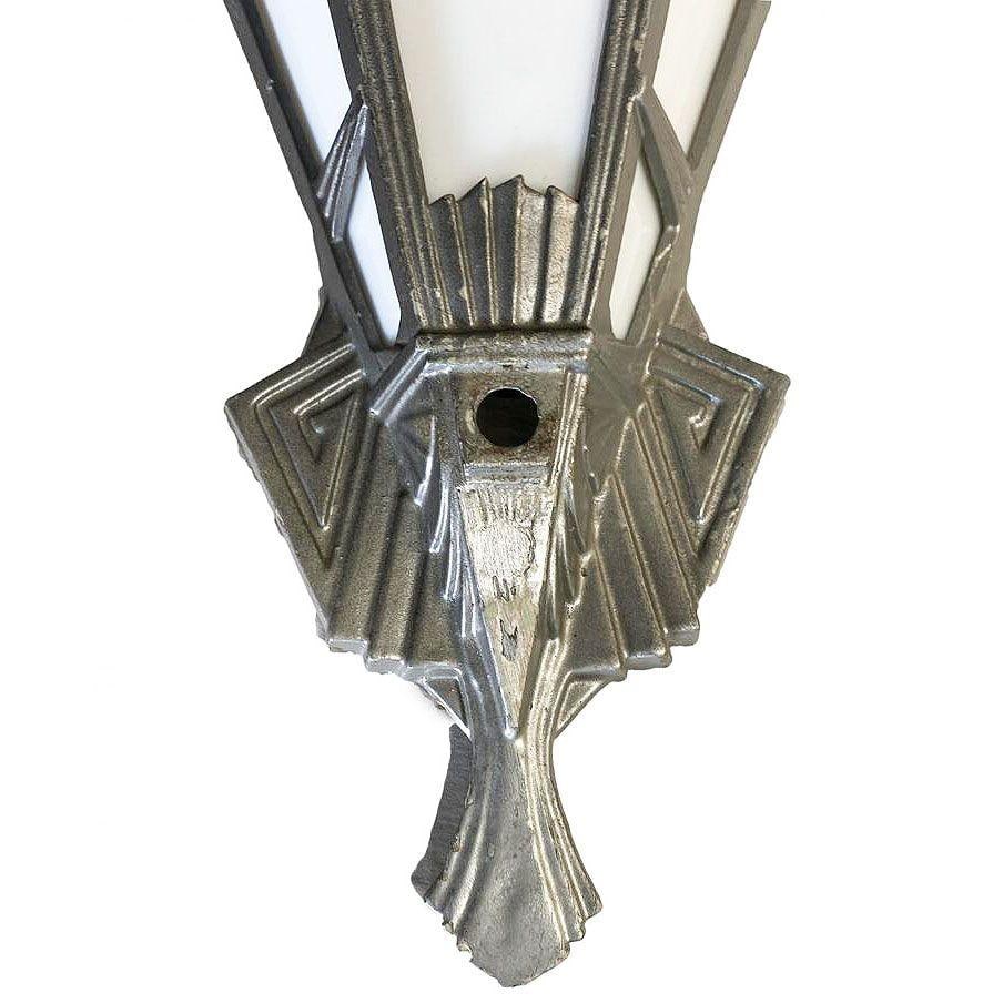 Geometric Art Deco Aluminum Wall Sconce w/ Slat Milk Glass Panels, 4 Available - 17