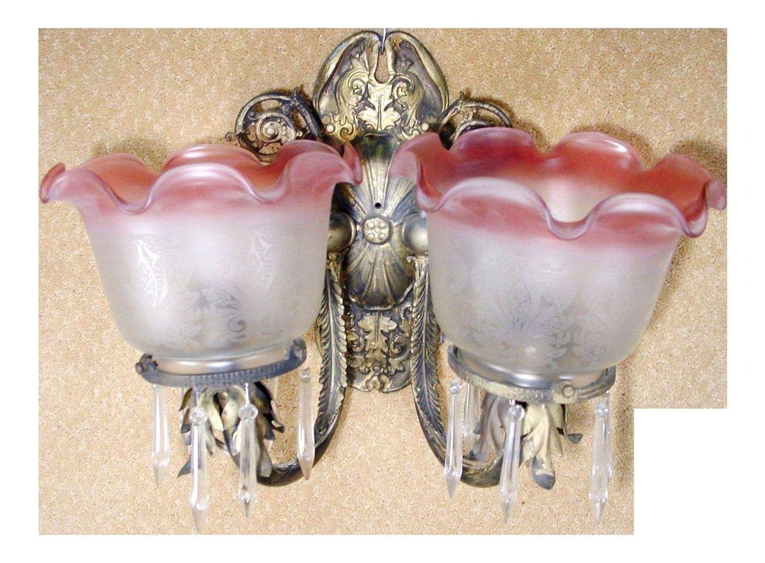 Neoclassical Brass Sconce With Acid Etched Rose Shades - 5
