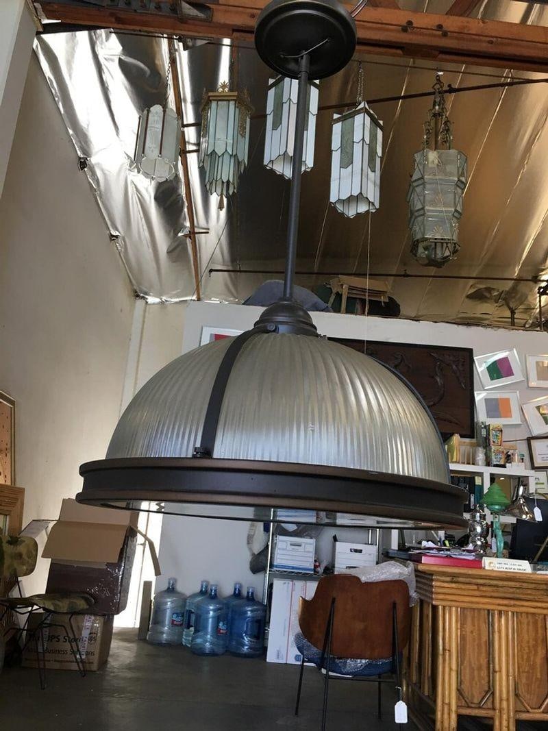Industrial Ribbed Pendant Lamp Holophane Style Pair - 19