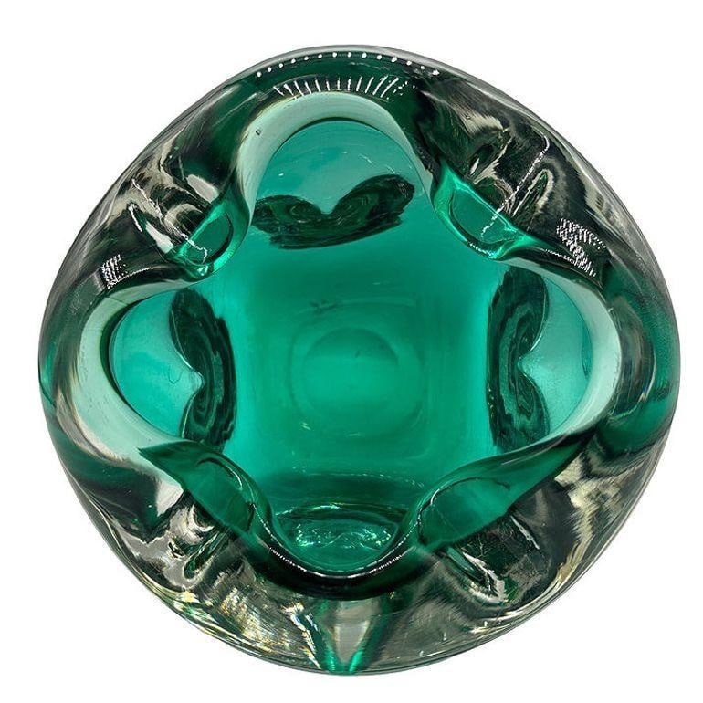 Hand Blown Emerald Green Murano Weighted Cased Art Glass Ashtray - 2