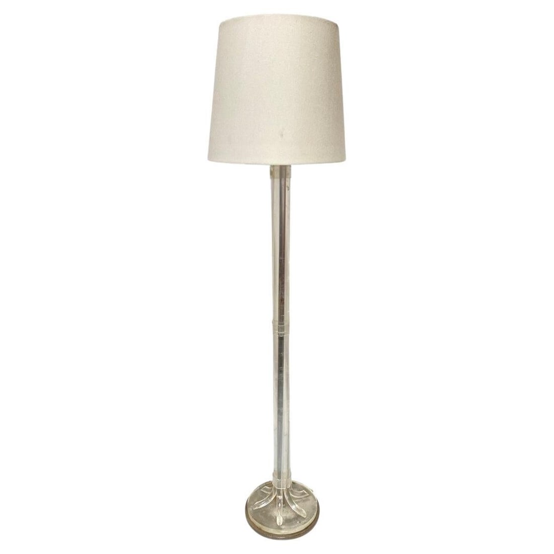 Hollywood Regency Lucite and Chrome Floor Lamp: Title: Hollywood Regency Lucite and Chrome Floor Lamp Description: Original 1960s Lucite Hollywood Regency floor lamp featuring a chromed steel body with an organic floral-like lucite overall along th