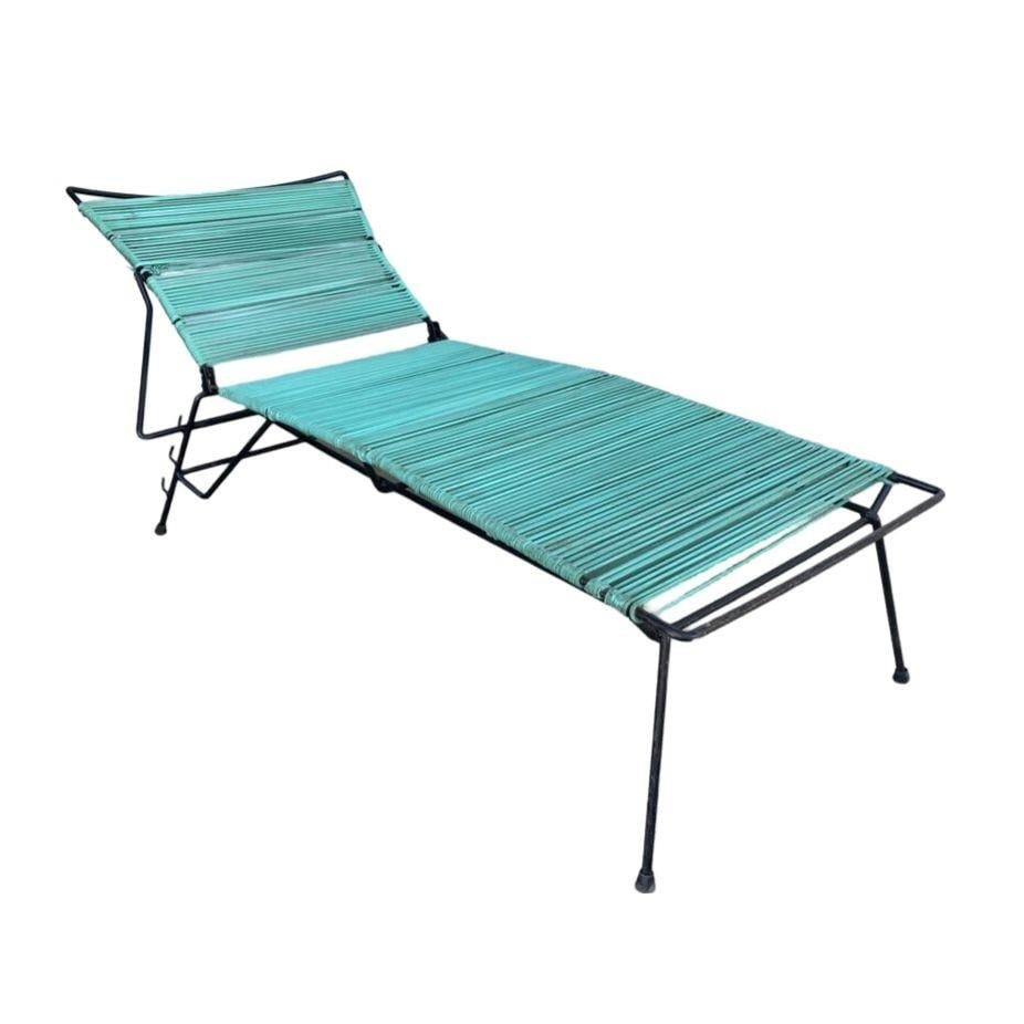 MCM Walter Lamb Style Iron Outdoor/Patio Chaise Lounge w/ Teal Cord, 6 Available - 11