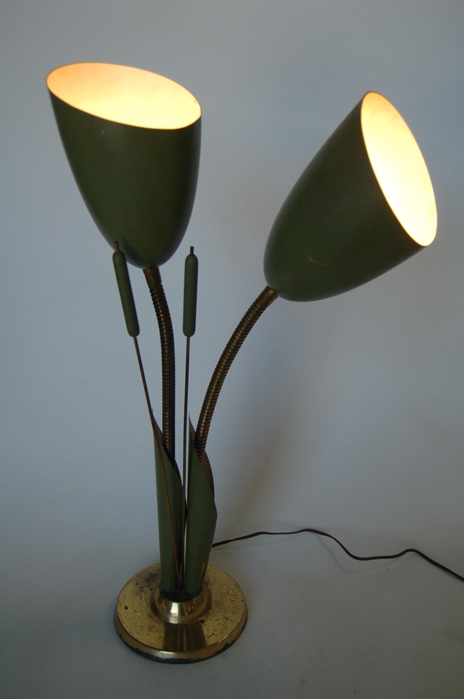 Midcentury Green Enamel Brass Gooseneck Calla Lily Desk Table Lamp - 3
