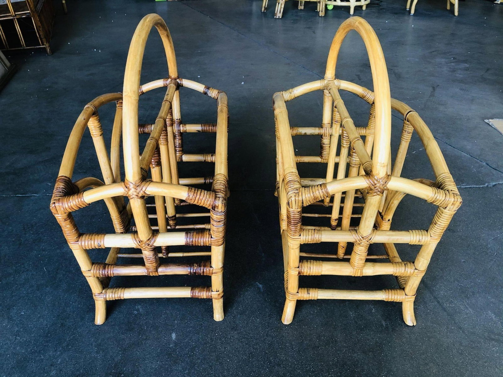 Restored Palm Rattan Magazine Rack W/ Handle, Pair - 16