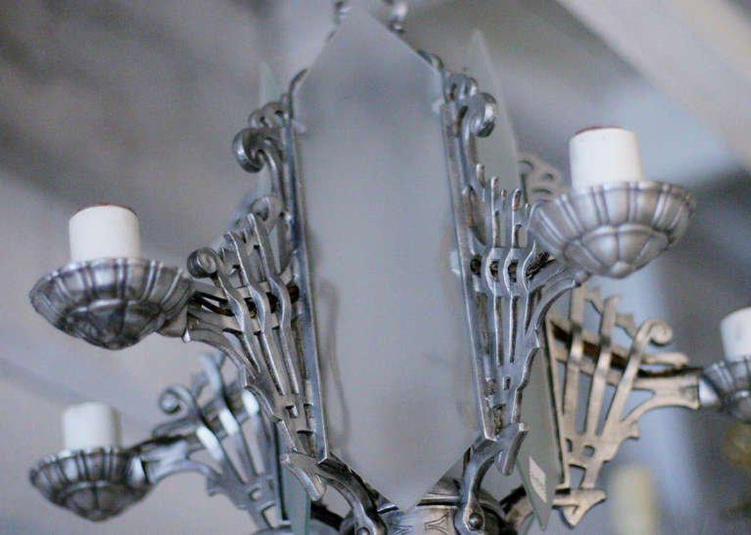 Art Deco Chandelier With Geometric Details and Frosted Glass - 17