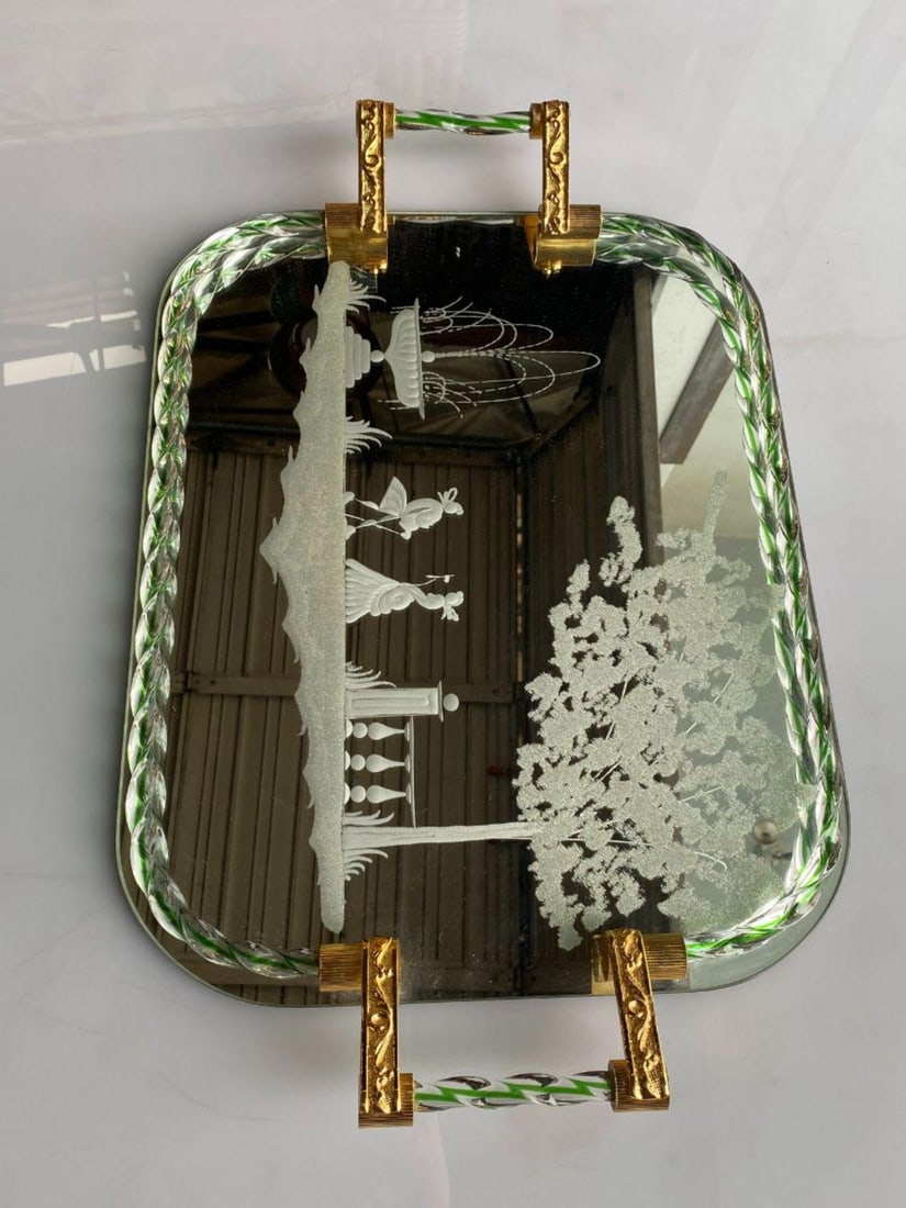 Itailan Murano Barovier Style Vanity Tray with Etched Mirror Twisted Glass Rope - 2