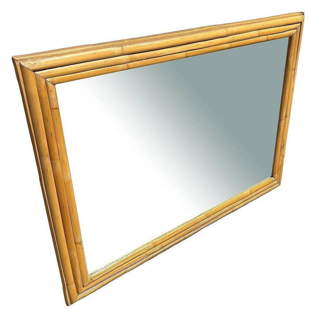 Restored 41" Mid-Century 3-Strand Rattan Frame Wall Mirror - 14