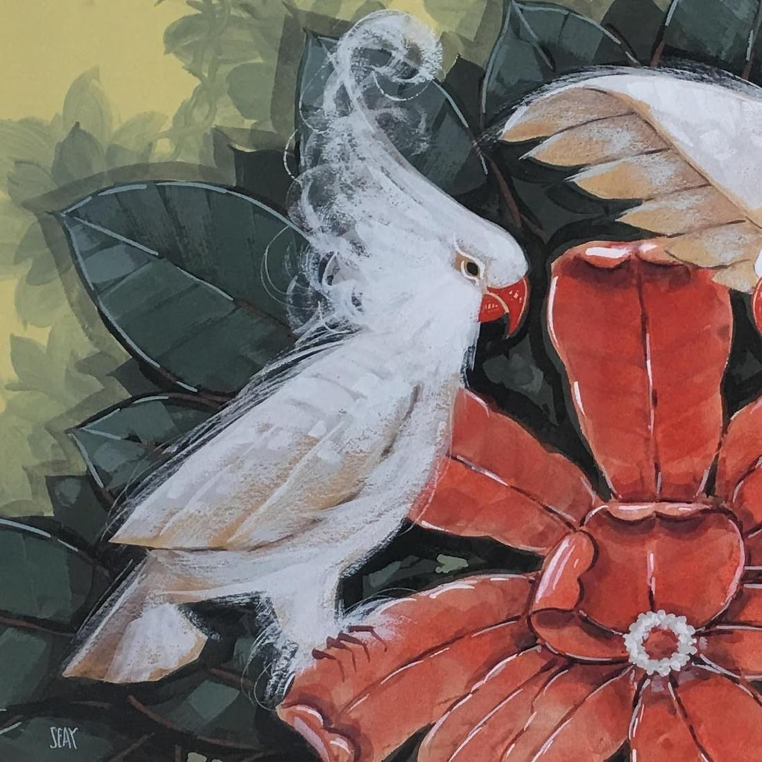 Restored Post-War Hawaiian Bird and Botanical Airbrush Painting, Framed - 11