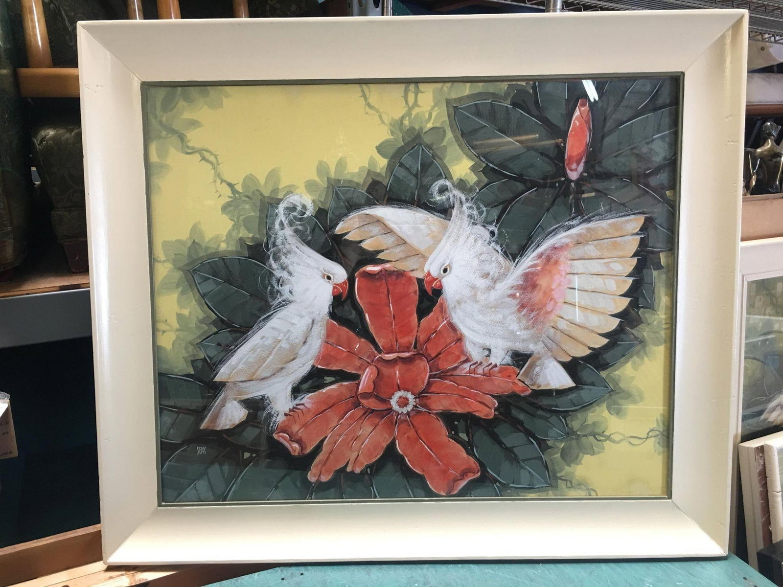 Restored Post-War Hawaiian Bird and Botanical Airbrush Painting, Framed - 2