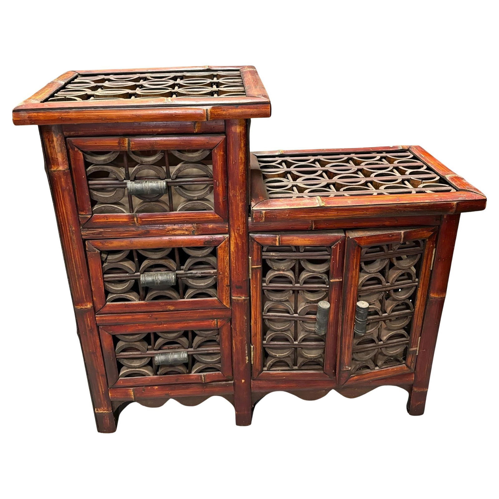 Late Qing Dynasty Split Bamboo & Lattice Top Chippendale Cabinet w/ 3 Drawers: Title: Late Qing Dynasty Split Bamboo & Lattice Top Chippendale Cabinet w/ 3 Drawers Description: This elegant two-stepped cabinet showcases a distinctive half-bamboo motif, with split bamboo forming