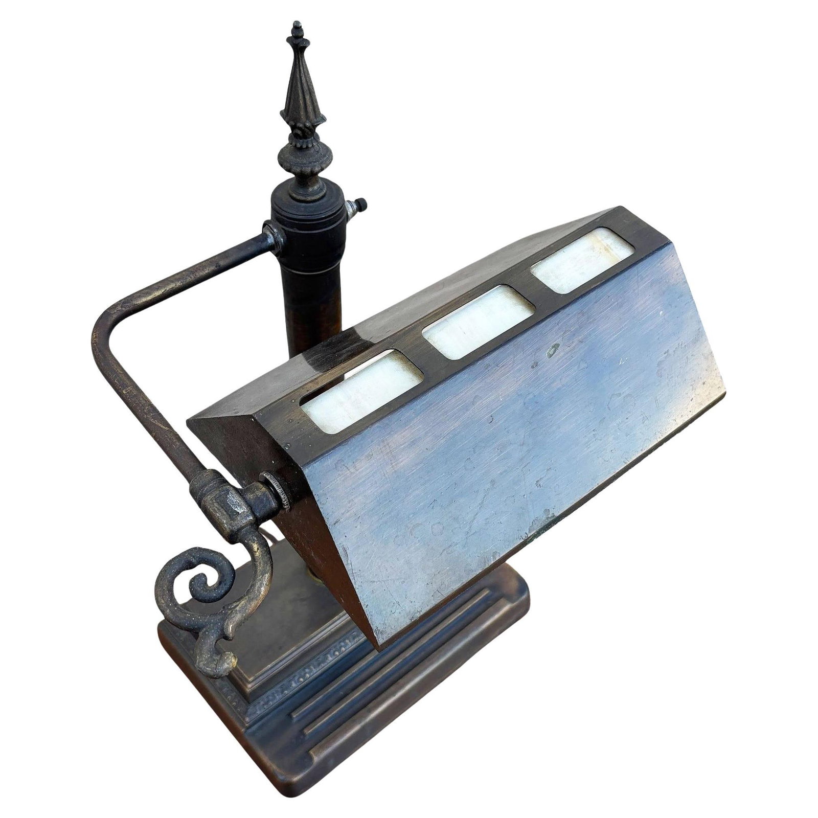 Arts & Crafts Mission Bronze Wash Brass Desk Lamp w/ Clerestory Glass Insets - 15