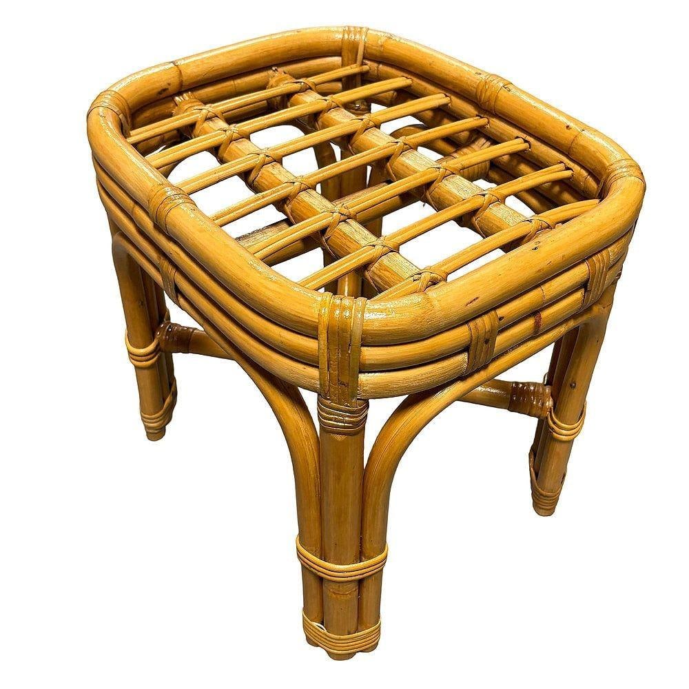 Restored Mid-century Rattan & Wicker Triple Arched Vanity Stool w/ Palm Fabric - 18