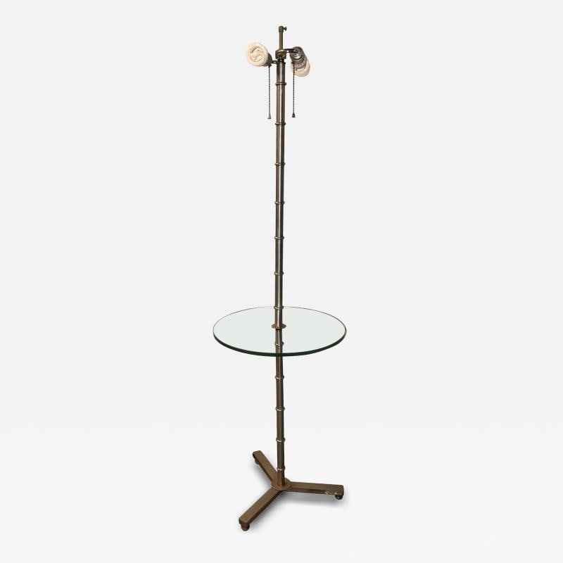 Faux Bamboo Form Chrome Standing Floor Lamp Table Art Deco in Form: Title: Faux Bamboo Form Chrome Standing Floor Lamp Table Art Deco in Form Description: A faux bamboo form chrome standing floor lamp table Art Deco in form. The chrome Y shaped base on circular feet l