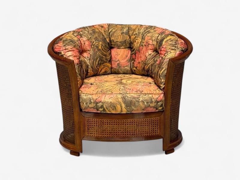 Traditional, Cane, Walnut, Barrel Back Armchair, USA, 1980s - 2