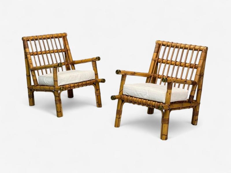 Vivai del Sud attr., Indian Cane, Wicker, Brass, Lounge Chairs, Italy, 1970s - 2