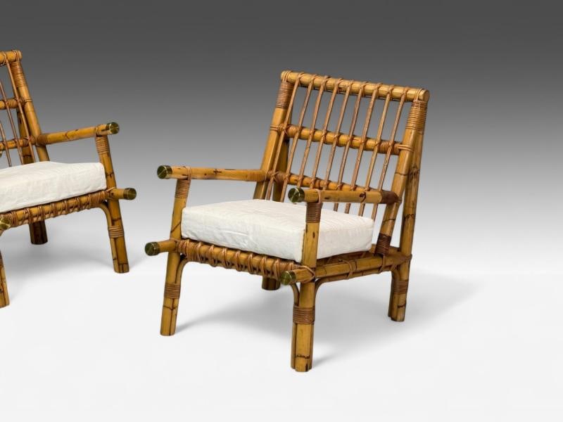 Vivai del Sud attr., Indian Cane, Wicker, Brass, Lounge Chairs, Italy, 1970s - 3
