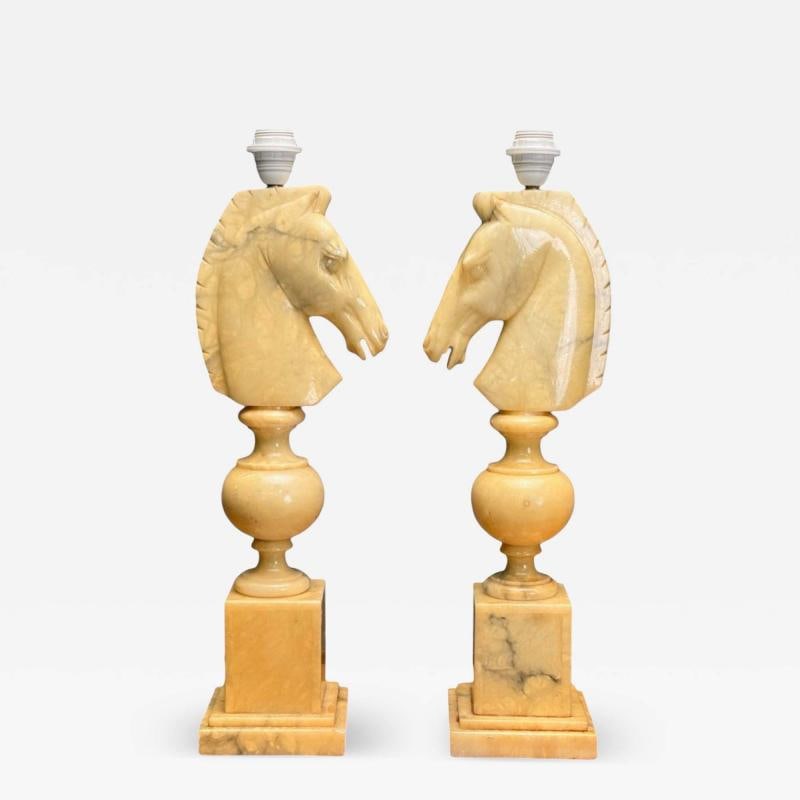 Italian Modern, Hand Carved Alabaster, Horse Motif, Table Lamps, Italy, 1950s: Title: Italian Modern, Hand Carved Alabaster, Horse Motif, Table Lamps, Italy, 1950s Description: Italian Modern, Hand Carved Alabaster, Horse Motif, Table Lamps, Italy, 1950s Pair of substantial hand