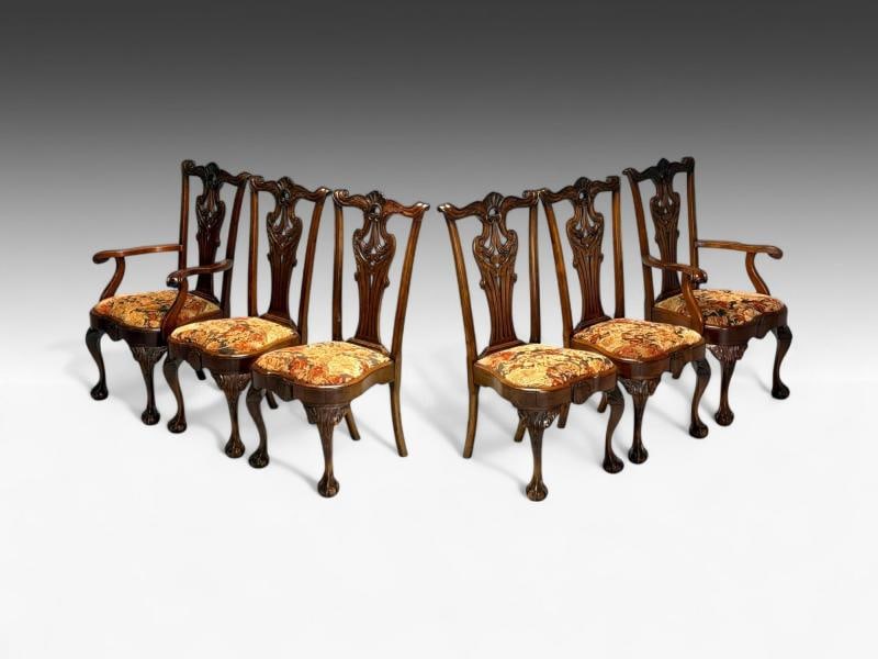 Georgian, Mahogany, Fabric, Six Chippendale Dining Chairs, England, 1960s - 2