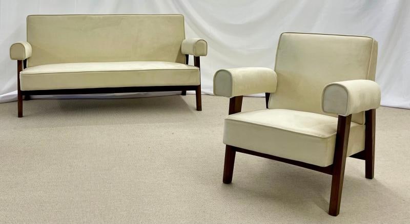 Authentic Pierre Jeanneret Upholstered Bridge Sofa/Chair Set, Mid-Century Modern - 4