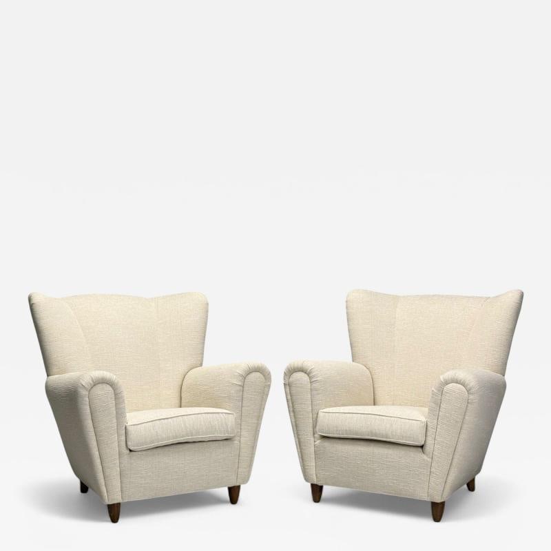 Italian Modern, Stained Wood, Beige Tweed Fabric, Club Chairs, Italy, 1940s: Title: Italian Modern, Stained Wood, Beige Tweed Fabric, Club Chairs, Italy, 1940s Description: Italian Mid-Century Modern, Stained Wood, Beige Tweed Fabric, Club Chairs, Italy, 1940s Pair of oversize