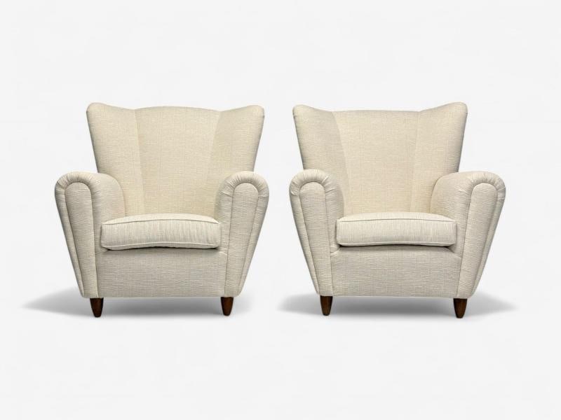 Italian Modern, Stained Wood, Beige Tweed Fabric, Club Chairs, Italy, 1940s - 2