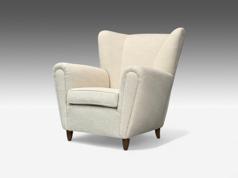Italian Modern, Stained Wood, Beige Tweed Fabric, Club Chairs, Italy, 1940s - 3