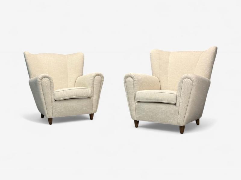 Italian Modern, Stained Wood, Beige Tweed Fabric, Club Chairs, Italy, 1940s - 5