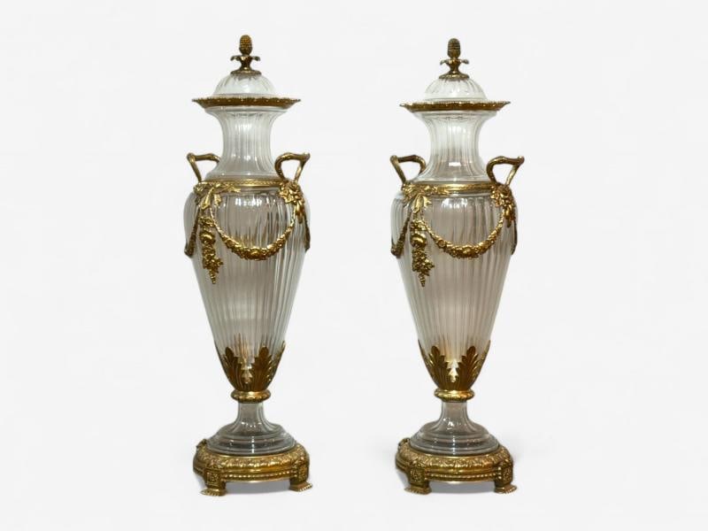 Louis XVI Style, Crystal, Bronze, Monumental Lidded Urns, Italy, 20th c. - 2