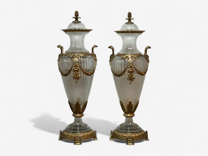 Louis XVI Style, Crystal, Bronze, Monumental Lidded Urns, Italy, 20th c. - 4
