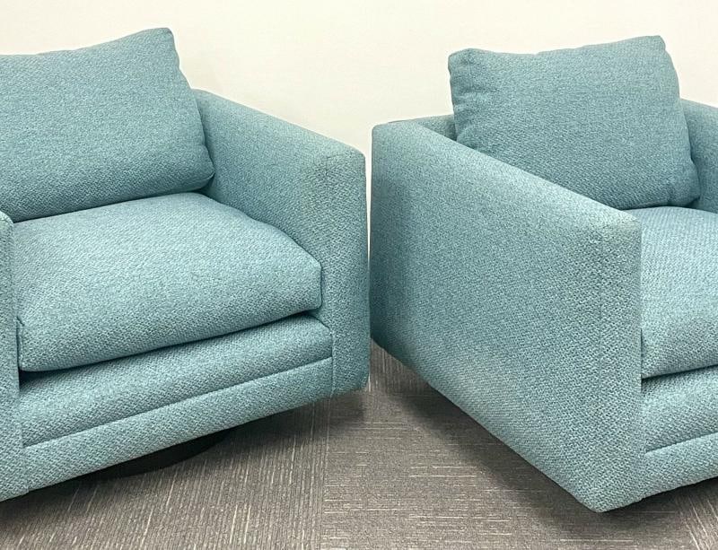Pair Teal Milo Baughman Style Mid Century Modern Lounge Chairs, Swivel, Square - 2