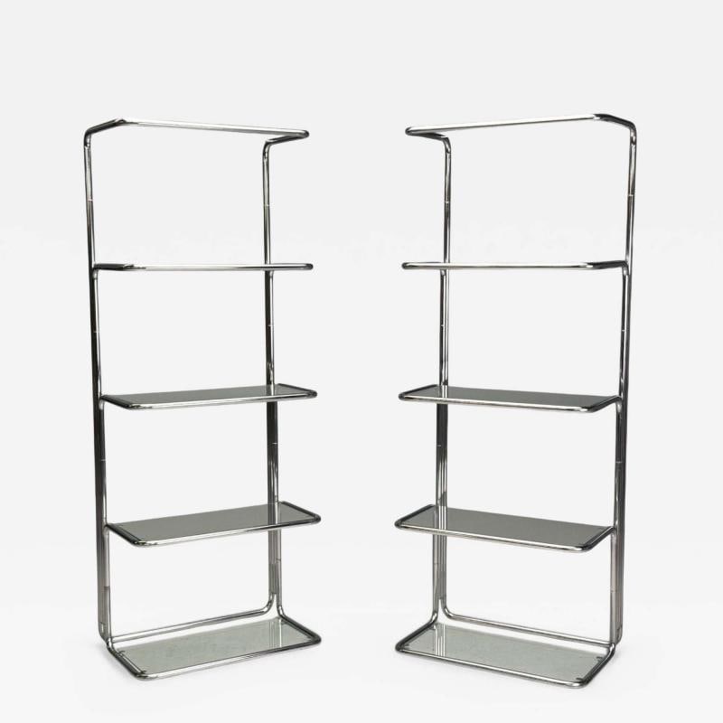American Mid-Century Modern, Chrome, Glass, Etageres, United States, 1970s: Title: American Mid-Century Modern, Chrome, Glass, Etageres, United States, 1970s Description: American Mid-Century Modern, Chrome, Glass, Etageres, Shelving Units, United States, 1970s Pair of Americ