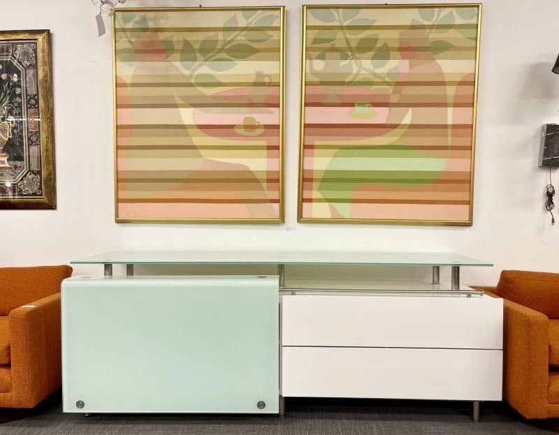 Pair of Mid-Century Framed Oil on Canvas, 'Tea Time' Signed Melbardis, 1979 - 7