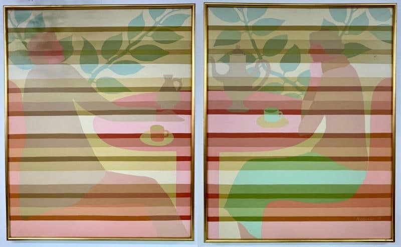 Pair of Mid-Century Framed Oil on Canvas, 'Tea Time' Signed Melbardis, 1979 - 9