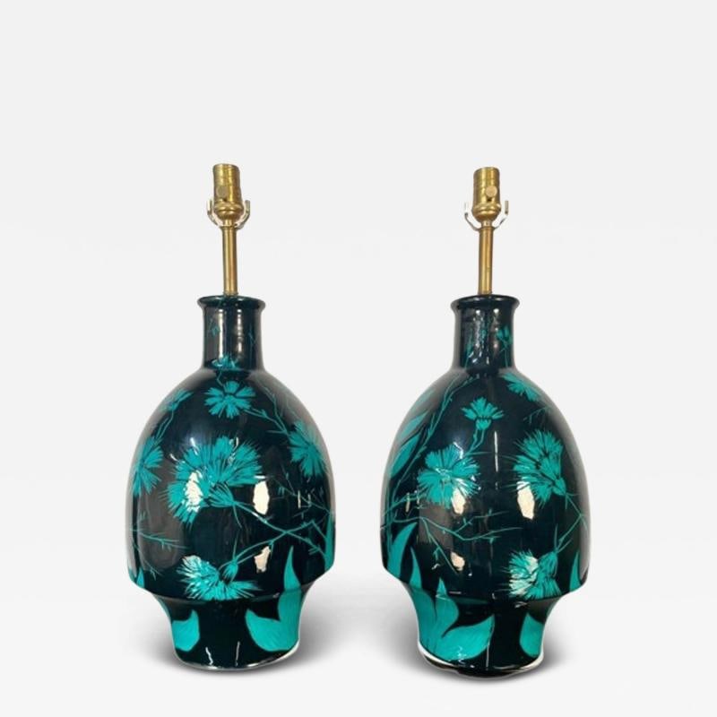 Pair of Mid-Century Modern Ceramic Floral Motif Table Lamps, Green and Blue: Title: Pair of Mid-Century Modern Ceramic Floral Motif Table Lamps, Green and Blue Description: Pair of Mid-Century Modern Ceramic Floral Motif Table Lamps, Green and Blue Blue and green glazed floral