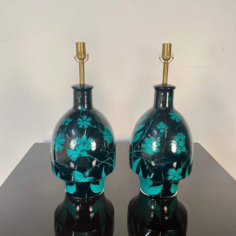 Pair of Mid-Century Modern Ceramic Floral Motif Table Lamps, Green and Blue - 2