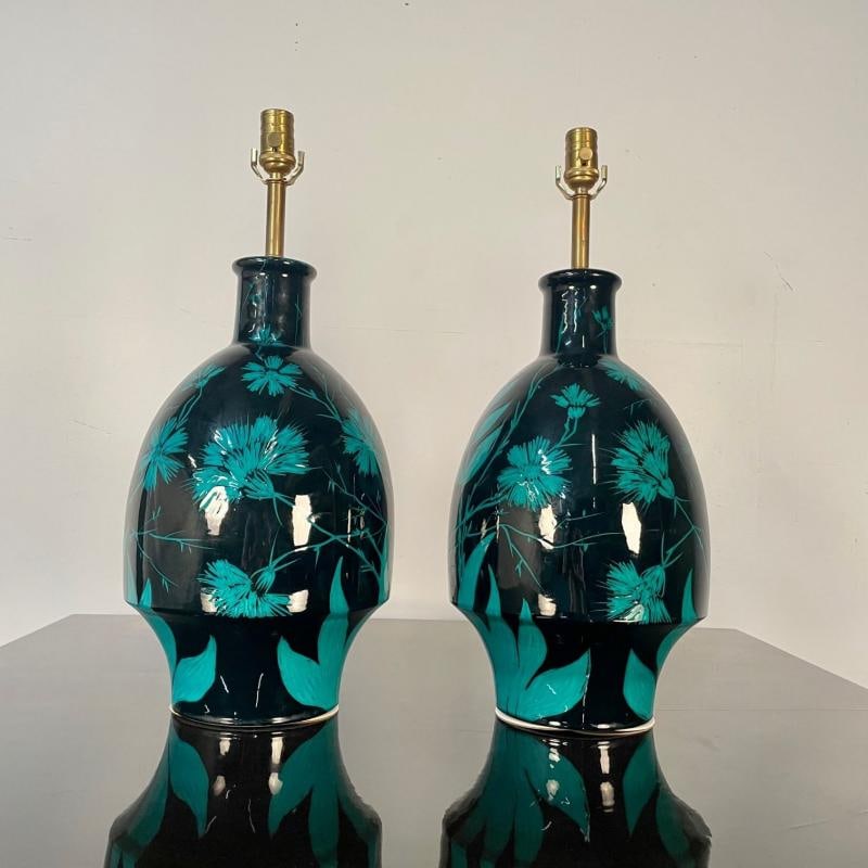Pair of Mid-Century Modern Ceramic Floral Motif Table Lamps, Green and Blue - 3